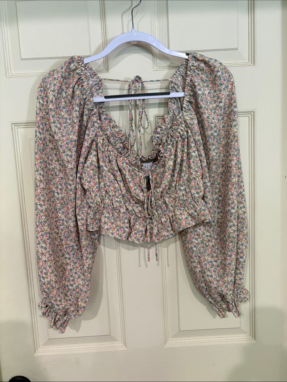 MABLE Floral Ruffle Tie-Front Crop Top - Pink, Green, Cream